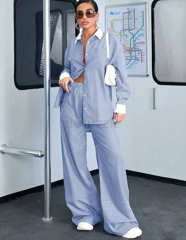 Light Blue Pinstripe Two-Piece Shirt and Wide-Leg Trouser Set (Women’s) Size medium BRAND NEW