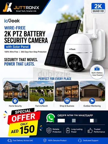 ioGeek 2K Wire-Free PTZ Battery Security Camera with Solar Panel - New/Unused