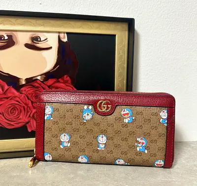 Preloved Gucci STYLE x Doraemon GG Supreme Zip Around Wallet – Red Leather Trim