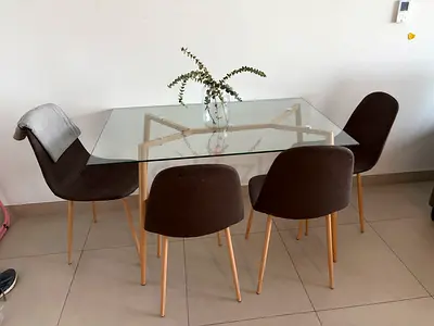 Glass Top Dining Table with 4 Upholstered Chairs