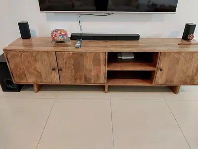 Solid Wood TV Entertainment Unit - Low Profile, 3-Door Cabinet