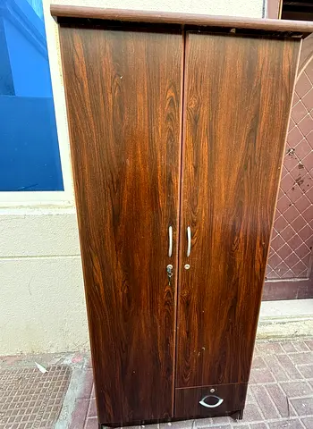 Two-door Wooden Wardrobe with Lock and Bottom Drawer - Dark Wood Finish