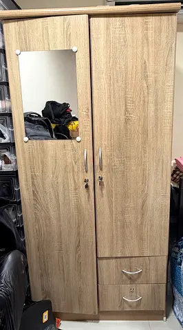 Two-door wardrobe with mirror and drawers - light oak