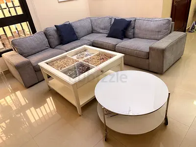 Large L-shaped Grey Fabric Sofa - Comfortable 4-seater Corner and two tables for sale