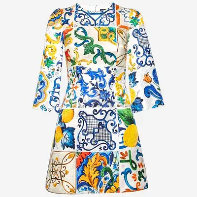 Authentic Dolce  Gabbana Multicolor Majolica Printed Cotton Flared Dress S