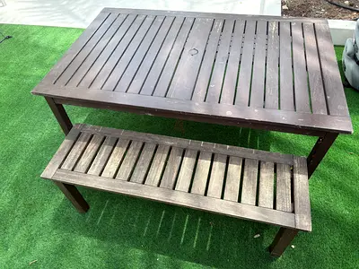 Pottery Barn Kids Outdoor wooden slatted coffee table with matching bench — used