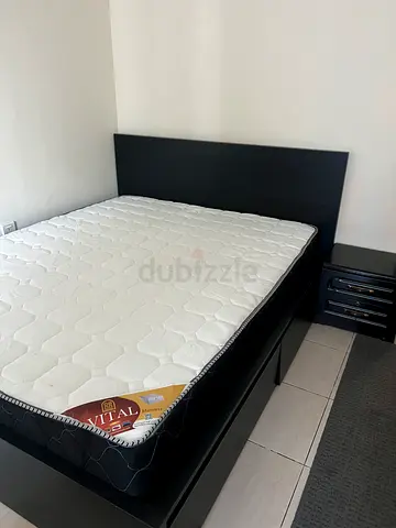 Ikea king 160x200 bed frame with mattress and bedside table - dark wood
