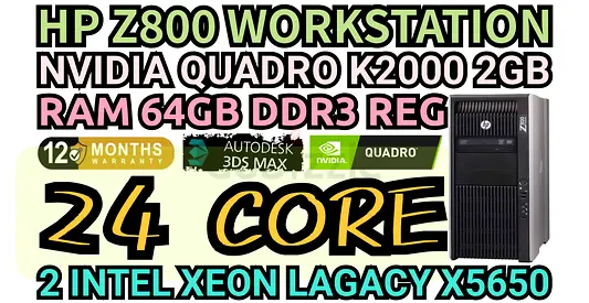 24 CORE HP Z800 WORKSTATION 2 INTEL XEON X5650 64GB RAM DDR3 NVIDIA QUADRO K2000 2GB DDR5