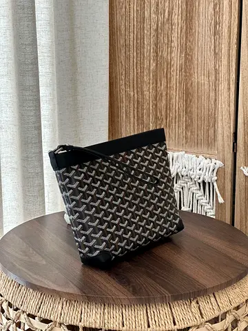 Goyard-style Brown  Grey Wristlet Clutch with Leather Trim