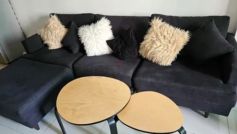 3-seater dark grey fabric sectional sofa with nesting coffee tables