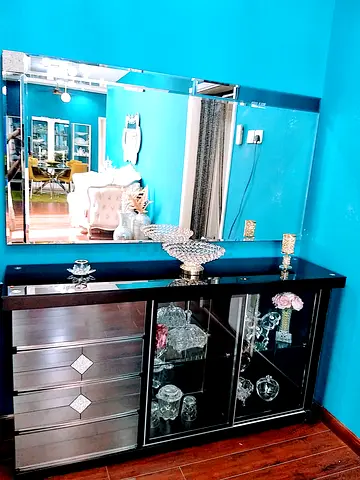 Black Glass Display Cabinet with Mirror Back and Drawers - Good Condition