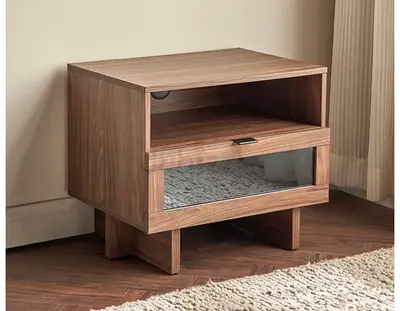 2x USB cable connected Walnut  Table / Nightstand with Drawer and Open Shelf - Walnut Finish