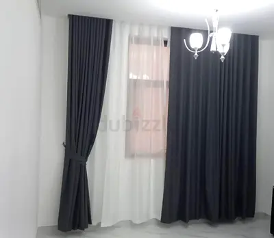Dark Grey Fabric Curtains with Sheer White Liner - Set of Window Panels BLACKOUT