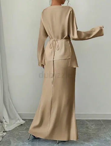Beige Satin Long Sleeve Tie-Waist Maxi Dress (Like New) SIZE MEDIUM- BRAND NEW