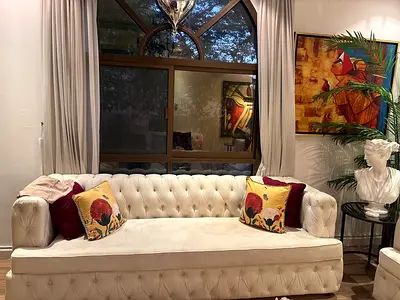 Designer Cream Tufted Chesterfield Sofa -  4 Seater - 2 sets with centre table and accessories.