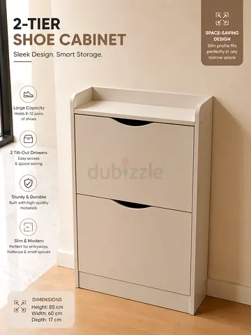 Slim 2-Tier Shoe Cabinet – White, Space-Saving Storage (85cm H)