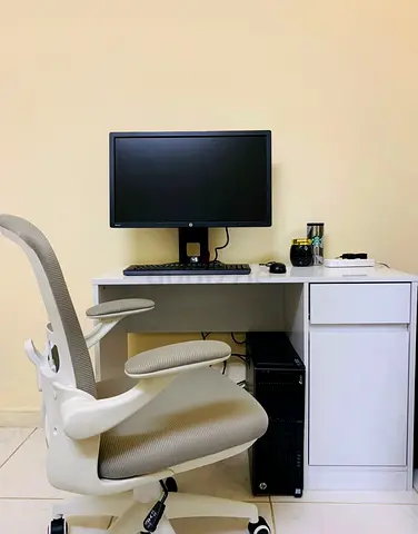 Simple White Home Office Desk with Drawer and Cabinet and Chair