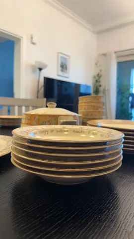 Vintage 54 piece ceramic dinnerware set - beige patterned plates, bowls, serving dishes branded