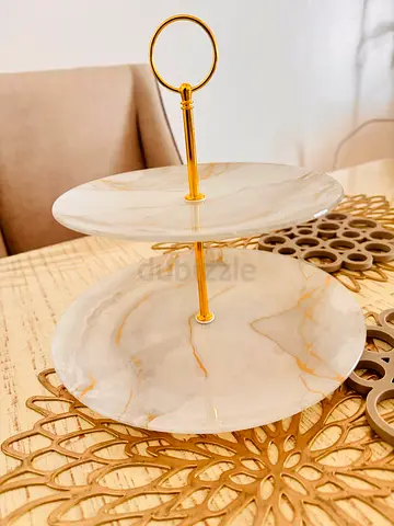 Two-tier glass Marble Effect Cake / Dessert Stand with Gold Handle