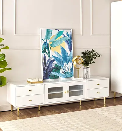 White Low TV Cabinet with Gold Legs and Glass Doors
