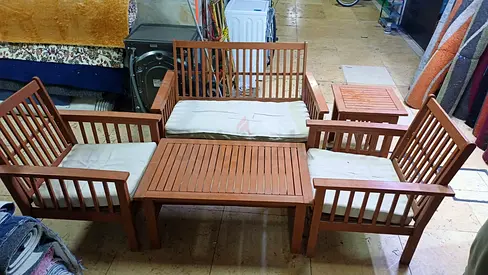 outdoor furniture Solid Wood 3-Seater Sofa Set with Coffee Table and Cushions