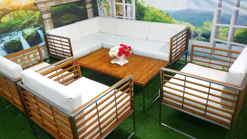 Outdoor stainless steel  wood L shaped 7 seater sofa set for garden and balcony  No damage