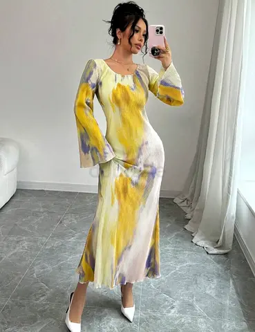 Long Yellow  Gray Tie-Dye Pleated Maxi Dress, Flared Sleeves, Size 10/12 / Medium BRAND NEW