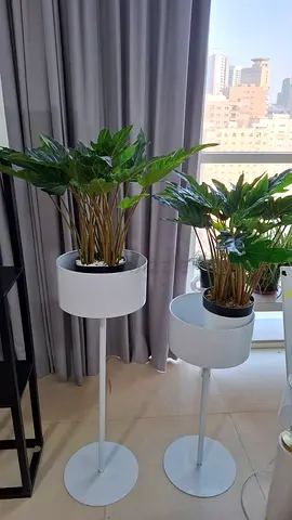 Set of 2 White Metal Plant Stands with Pots - Tall Indoor Planters