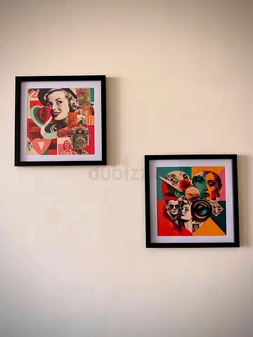 Pair of Modern Collage Art Prints in Black Frames