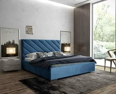 Modern Blue Upholstered Double Bed with Padded Headboard
