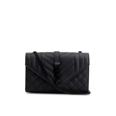Authentic Saint Laurent 2021 Black Grain de Poudre Textured Mixed Matelasse Triquilt Small Monogram