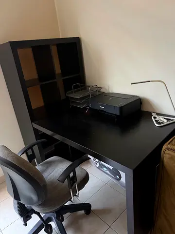 Ikea black corner desk with hutch and office chair - good condition