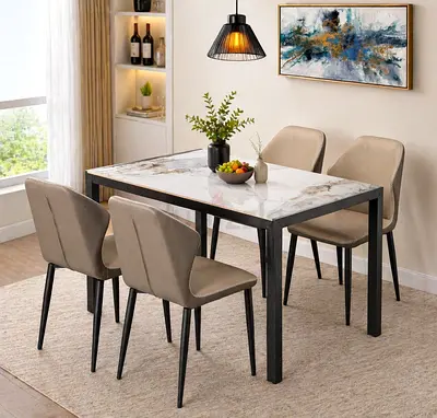 Modern Beige 4-Seater Dining Table Set – Marble Top  Steel Legs for UAE Homes