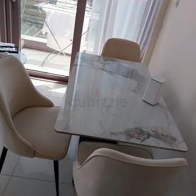 Small Marble-Top Dining Table with 3 Beige Chairs