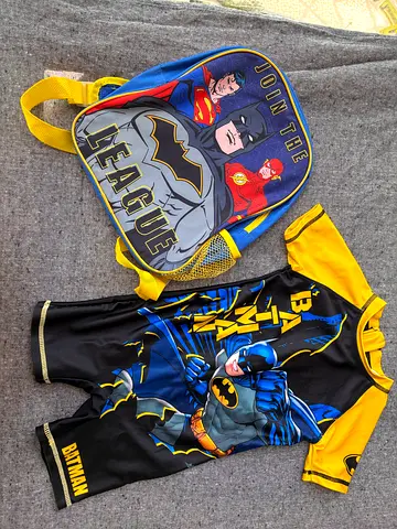 Preloved Batman kids swimsuit with Justice League backpack - good condition