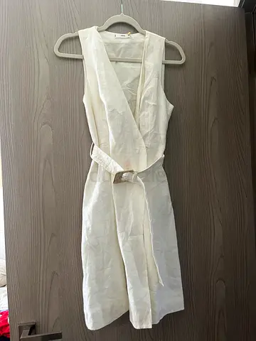 MANGO Women White Solid Linen Wrap Dress - Unused, Size S