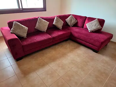 Maroon L-shaped Corner Sofa with Cushions - Good Condition