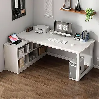 L-shaped White Home Office Desk with Built-in Shelves