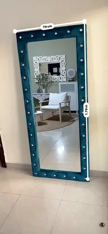 Full-Length Teal Velvet Framed Mirror with Stud Detailing (79x179 cm)