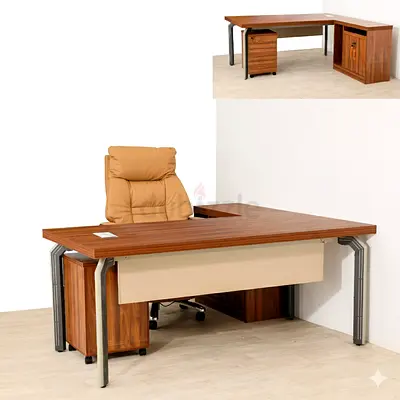 Wooden L-shaped Executive Office Desk with Mobile Pedestal