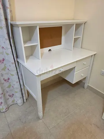 White Wooden Desk with Hutch and Drawers — Good Condition