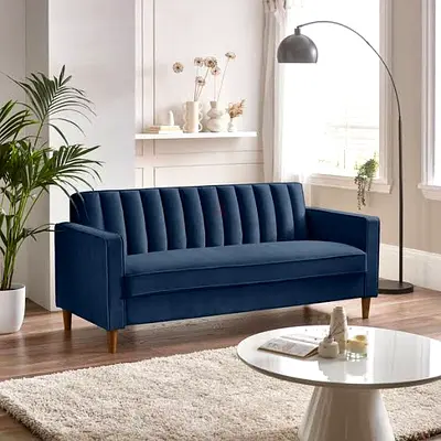Blue Velvet 3-Seater Sofa with Channel Tufting - Solid Wood Legs