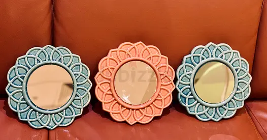 Set of 3 Decorative Floral Wall Mirrors - Small Round Mirrors in Blue  Peach