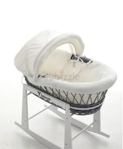 White Wicker Moses Basket with Wooden Stand — Fabric Liner  Hood
