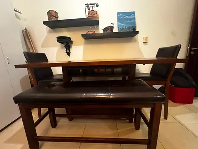 6 Seater Dining Table Set (Wood + Leather Seating) for SALE