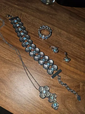 Swatch Sterling Silver Floral Jewelry Set with Blue Stones — Necklace, Bracelet, Ring  Earrings