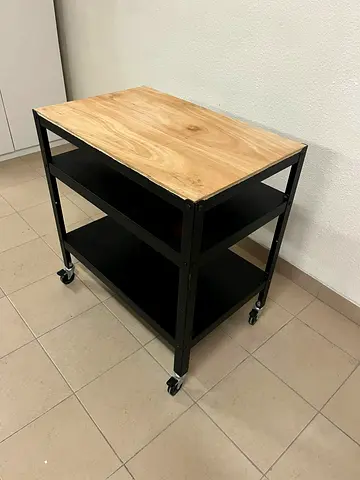 IKEA BROR service trolley in black with a pine plywood top.