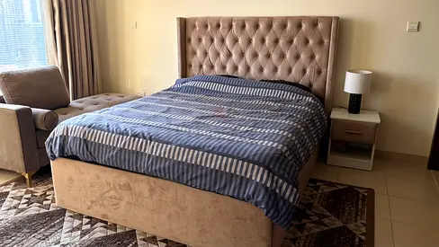 Beige Tufted King Bed Frame with Upholstered Headboard and one night stand with mattress