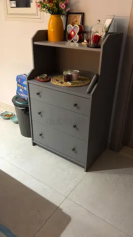 Grey Wooden Console Cabinet with Drawers and Open Shelf