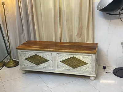 Handcrafted Wooden Storage Bench with Carved Front Panels